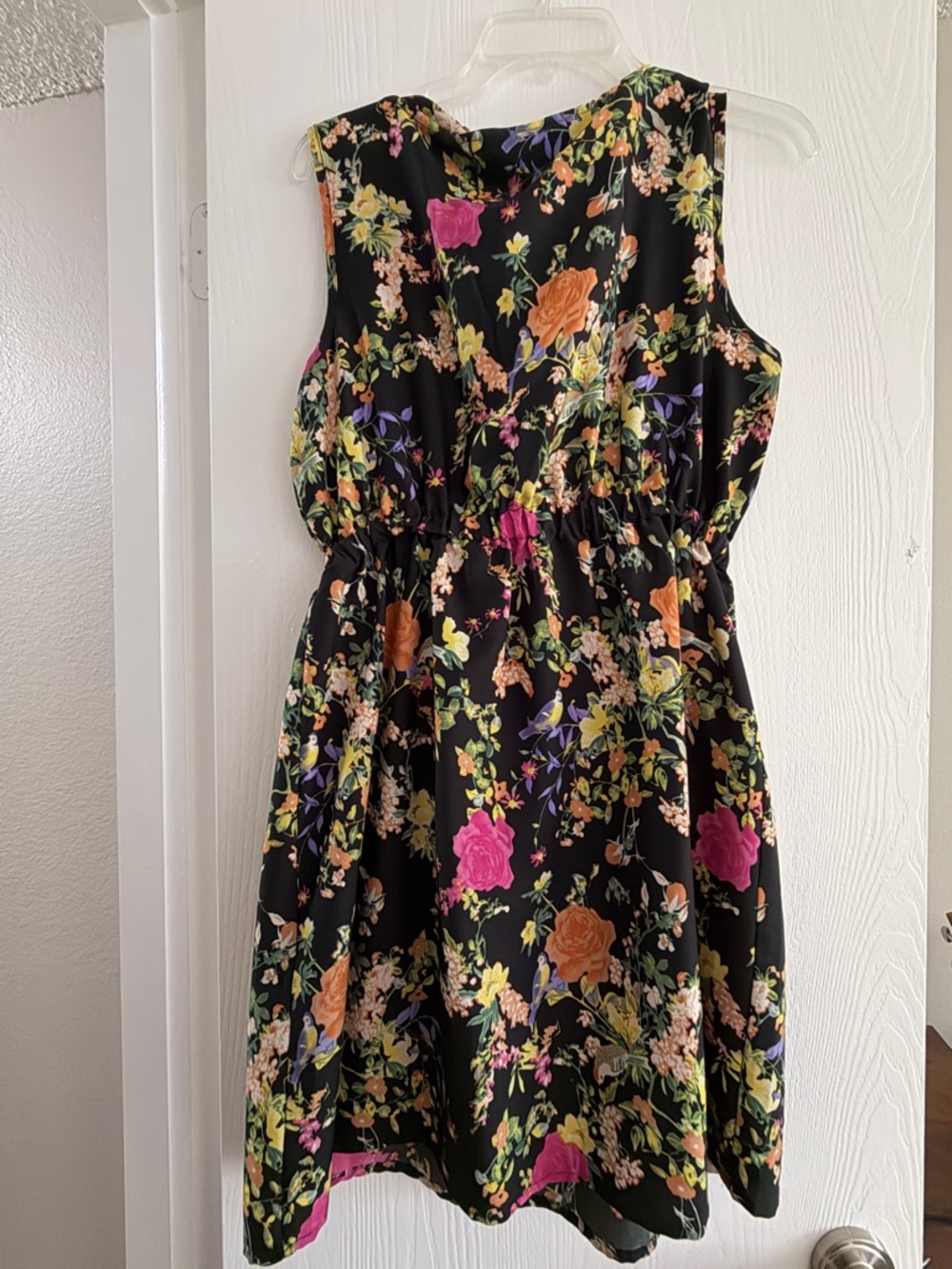 Speed Control Black Sleeveless Floral Dress with Pink and Orange Blooms